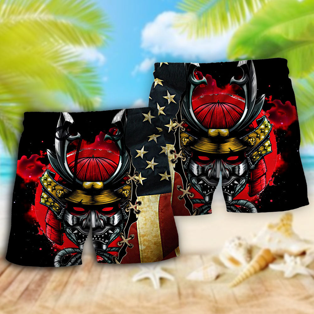 Samurai USA Independence Day Tribute Beach Shorts Pattern View For Coastal Holidays And Casual Activities