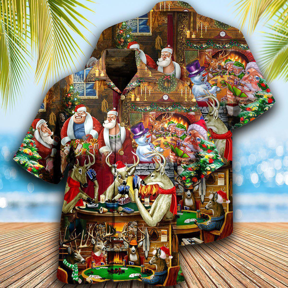Game Card Santa Friends Play Hawaiian Shirt For Vacation Days And Relaxed Coastal Outings
