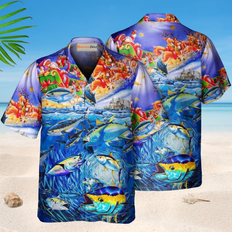 Santa Fishing Ocean Hawaiian Shirt For Island Vacations, Resort Wear, And Relaxed Seasonal Style