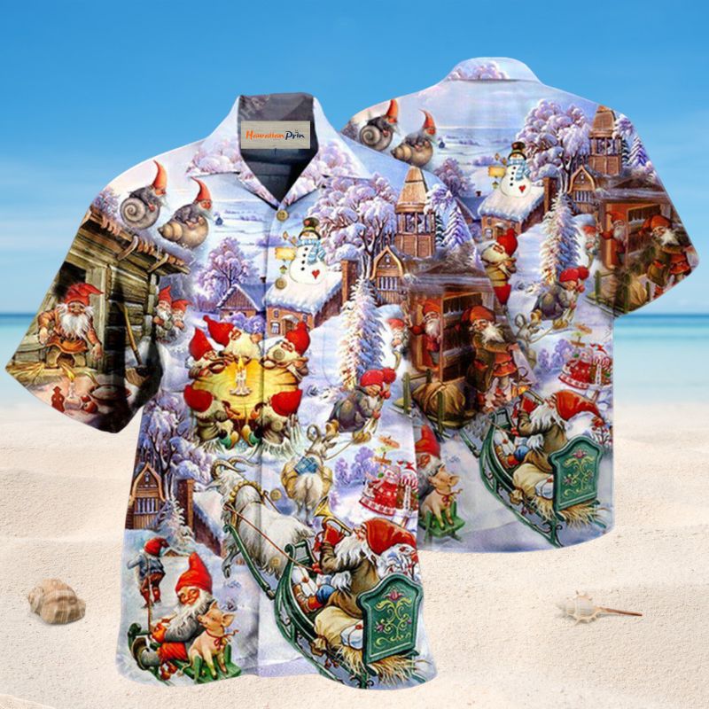 Santa Gnomes Hawaiian Shirt For Winter Celebrations, Beach Travel, And Relaxed Holiday Wear