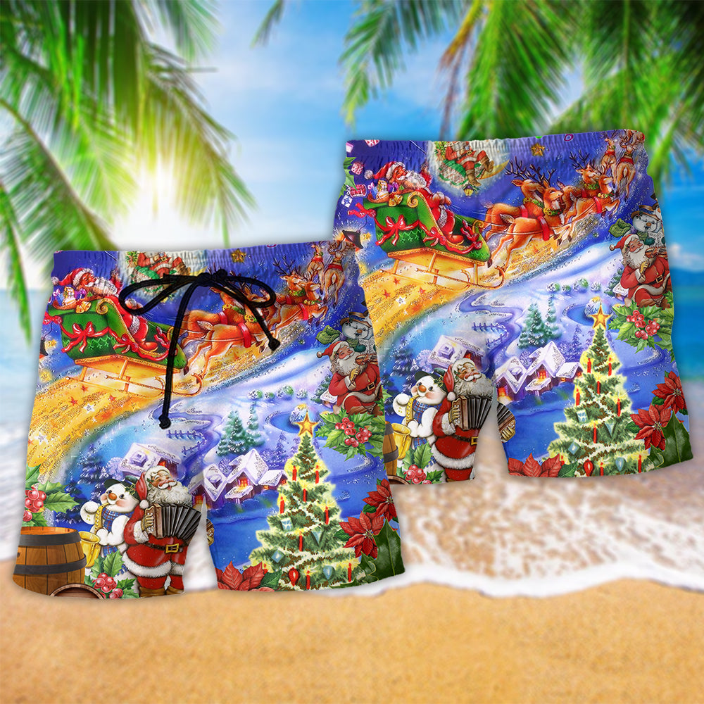 Santa Claus Christmas Night Beach Shorts Pattern Detail For Coastal Leisure And Flexible Everyday Wear