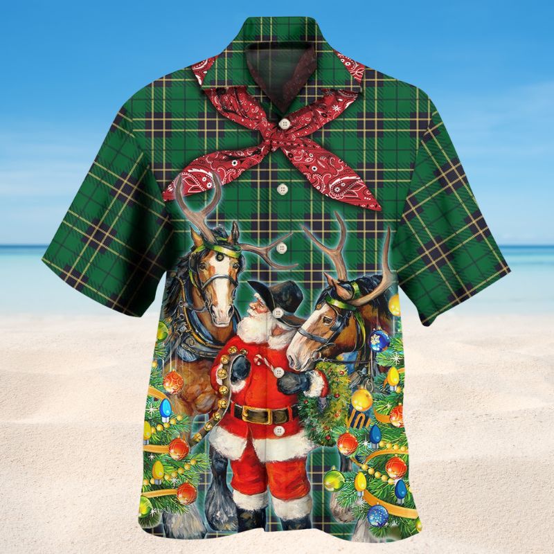 Santa Cowboy Christmas Green Hawaiian Shirt For Winter Celebrations, Beach Travel, And Relaxed Holiday Wear