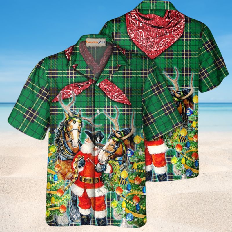 Santa Cowboy Christmas Green Hawaiian Shirt For Winter Celebrations, Beach Travel, And Relaxed Holiday Wear