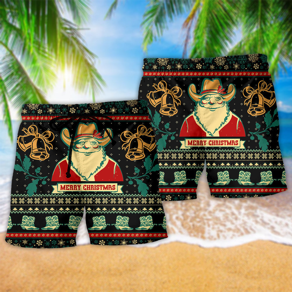 Santa Cowboy Vintage Christmas Beach Shorts Pattern Detail For Leisure Travel And Laid Back Daily Wear