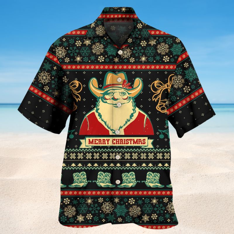 Santa Cowboy Christmas Hawaiian Shirt For Coastal Travel, Casual Events, And Comfortable Summer Wear