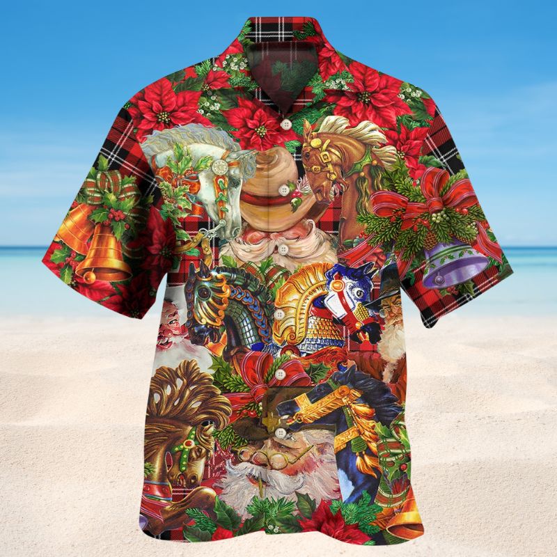 Santa Cowboy Christmas Red Hawaiian Shirt For Festive Events, Island Vacations, And Comfortable Casual Outfits