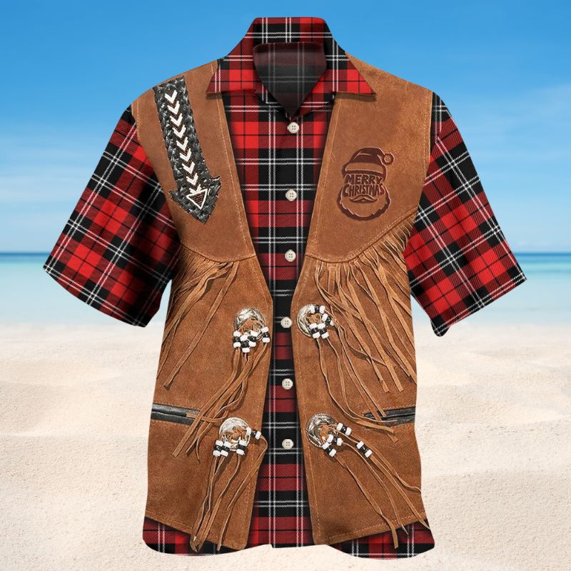 Vintage Santa Cowboy Christmas Hawaiian Shirt For Holiday Parties, Tropical Vacations, And Festive Gift Giving
