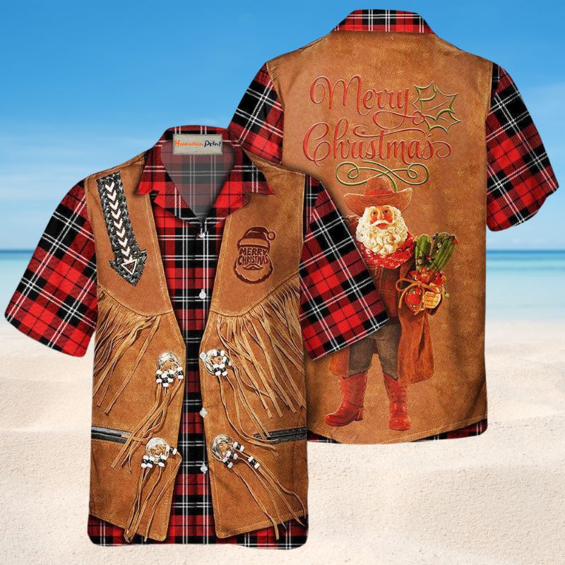 Vintage Santa Cowboy Christmas Hawaiian Shirt For Holiday Parties, Tropical Vacations, And Festive Gift Giving
