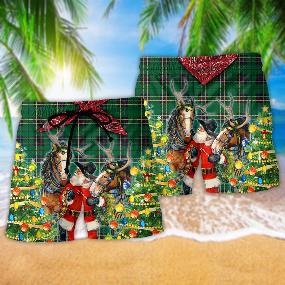 Green Santa Cowboy Christmas Beach Shorts Pattern Detail For Casual Outings And Flexible Everyday Wear