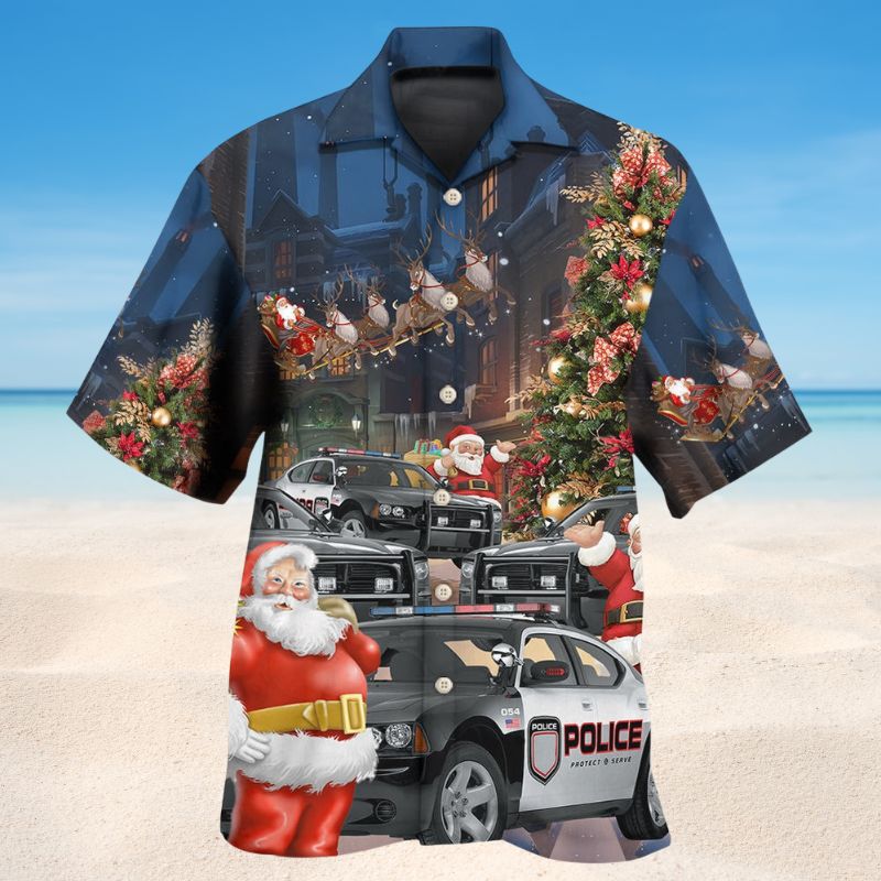 Santa Police Car Christmas Hawaiian Shirt For Tropical Holidays, Outdoor Gatherings, And Everyday Comfort