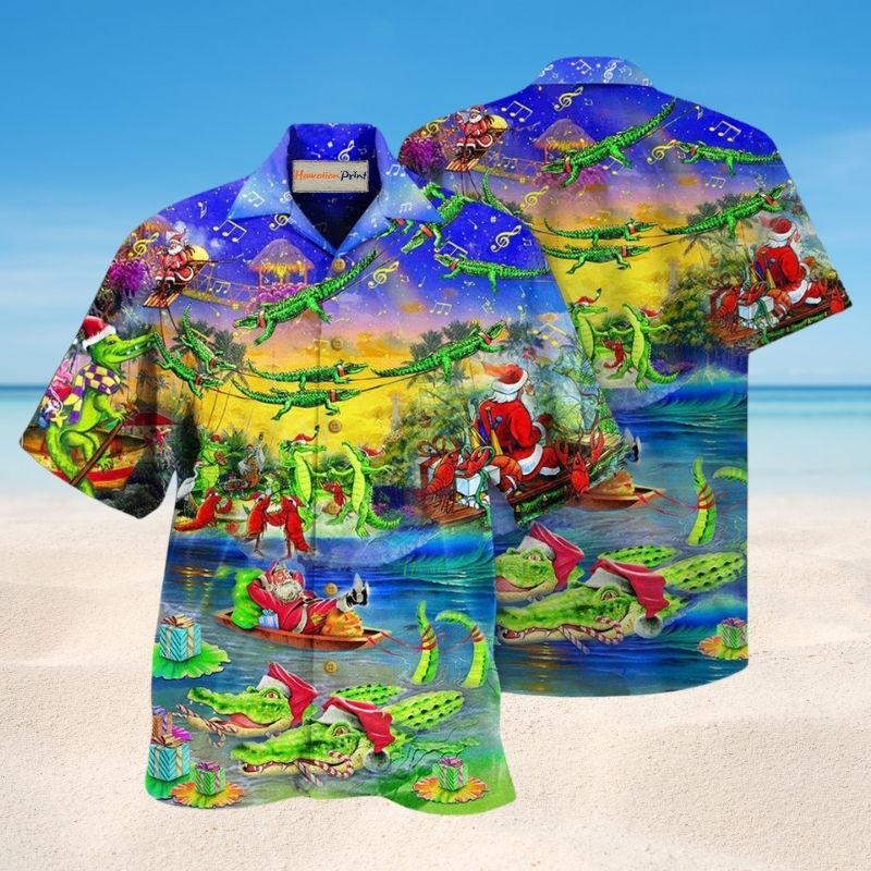 Santa Riding Alligator Hawaiian Shirt For Festive Events, Island Vacations, And Comfortable Casual Outfits