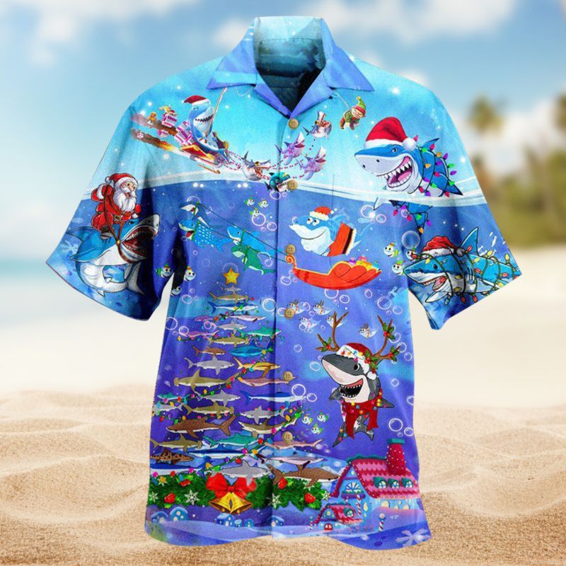 Santa Shark Rocket Hawaiian Shirt For Holiday Parties, Tropical Vacations, And Festive Gift Giving