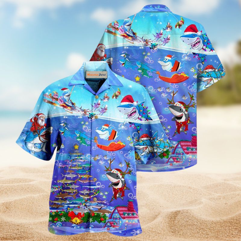 Santa Shark Rocket Hawaiian Shirt For Holiday Parties, Tropical Vacations, And Festive Gift Giving