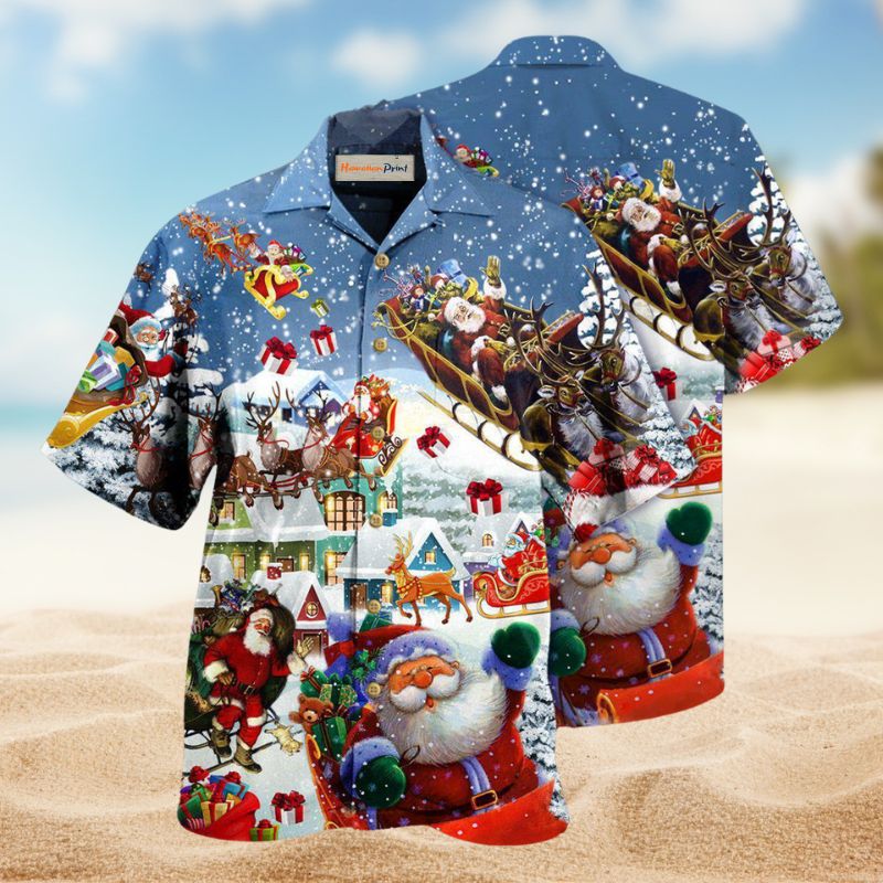 Santa Sleigh Greeting Hawaiian Shirt For Summer Vacation, Beach Travel, And Casual Wear
