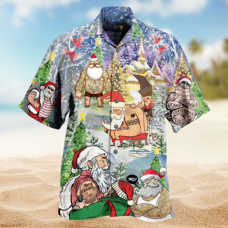 Santa Tattoo Christmas Hawaiian Shirt For Christmas Gatherings, Resort Trips, And Cheerful Seasonal Style