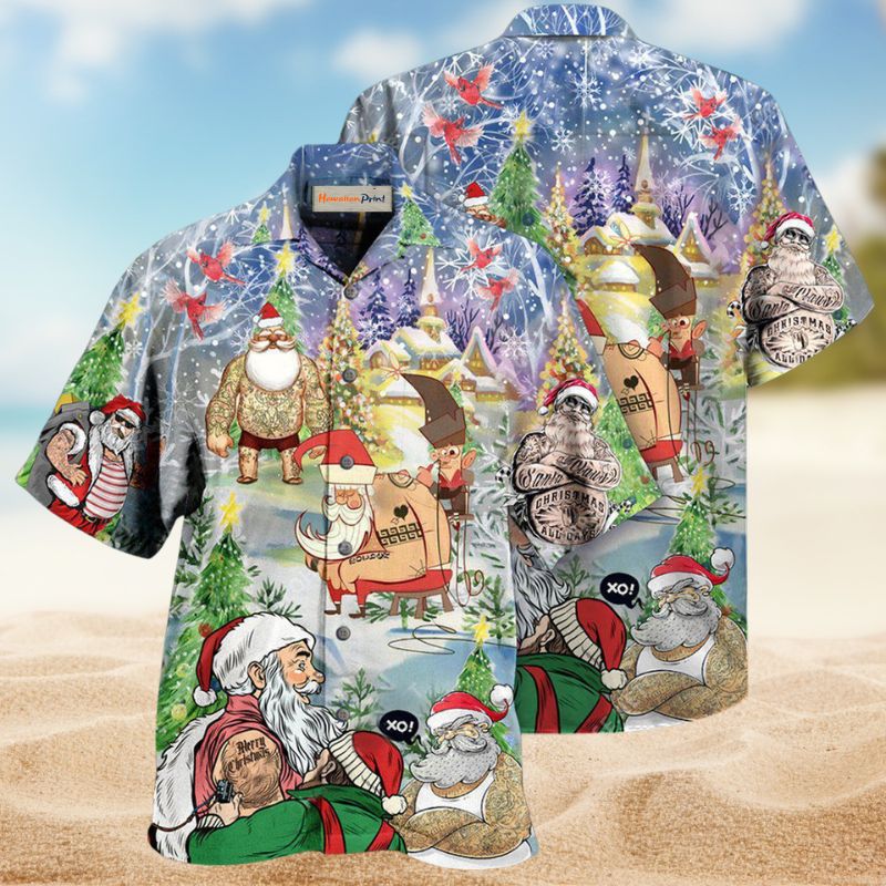 Santa Tattoo Christmas Hawaiian Shirt For Christmas Gatherings, Resort Trips, And Cheerful Seasonal Style