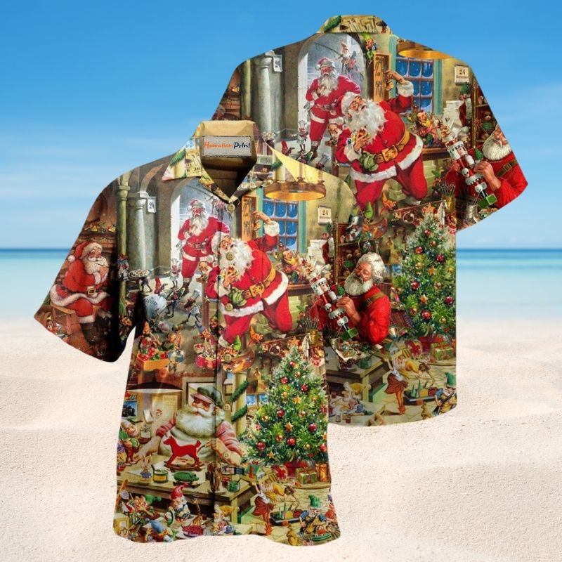 Santa Toy Workshop Hawaiian Shirt For Coastal Travel, Casual Events, And Comfortable Summer Wear