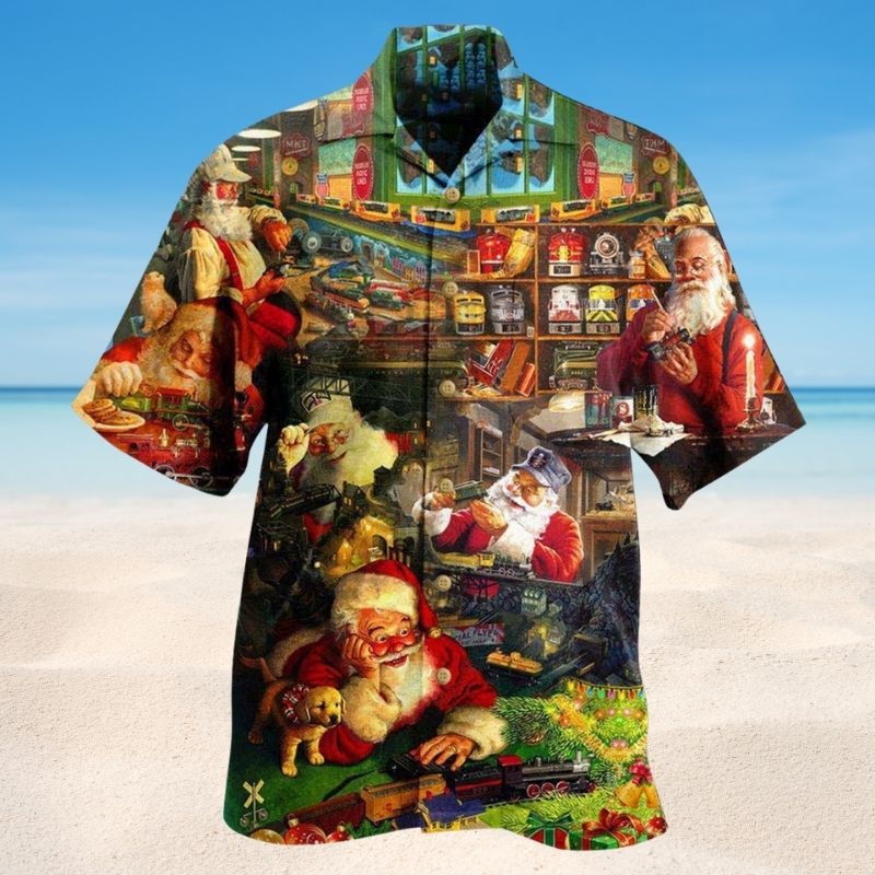Santa Toys Train Factory Hawaiian Shirt For Coastal Travel, Casual Events, And Comfortable Summer Wear