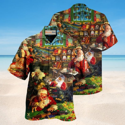 Santa Toys Train Factory Hawaiian Shirt For Coastal Travel, Casual Events, And Comfortable Summer Wear