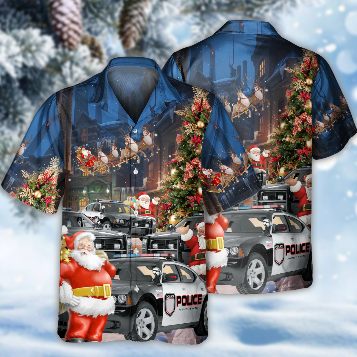 Christmas Police Car Hawaiian Shirt With All Over Print For Tropical Escapes Resort Wear And Outdoor Celebrations