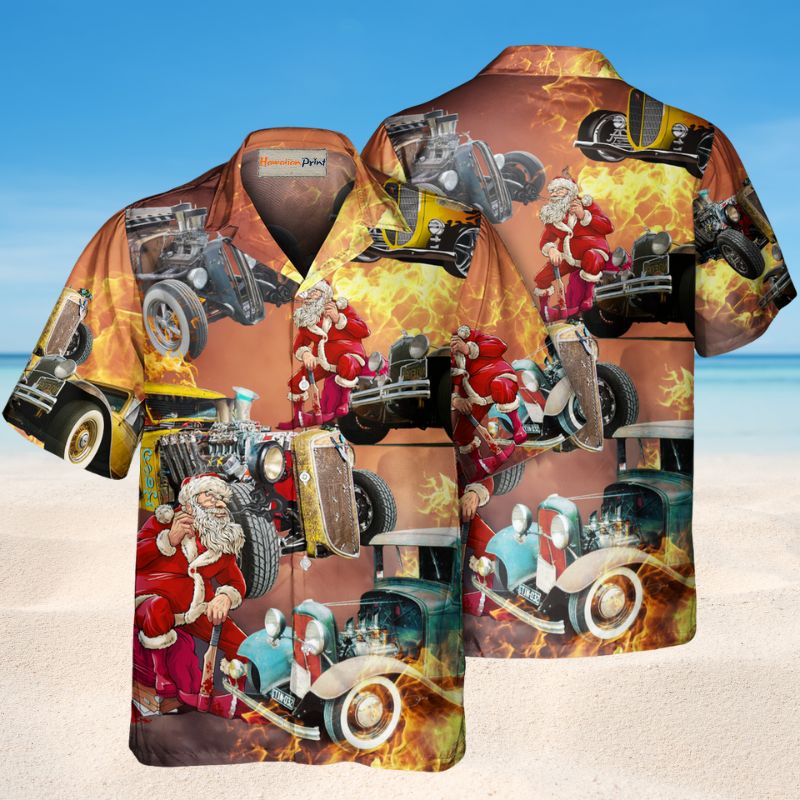 Santa'S Hot Rod Fire Hawaiian Shirt For Beach Days, Summer Outings, And Thoughtful Gift Giving