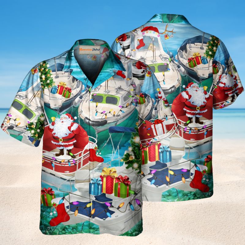 Santa'S Pontoon Coming Town Hawaiian Shirt For Tropical Holidays, Outdoor Gatherings, And Everyday Comfort