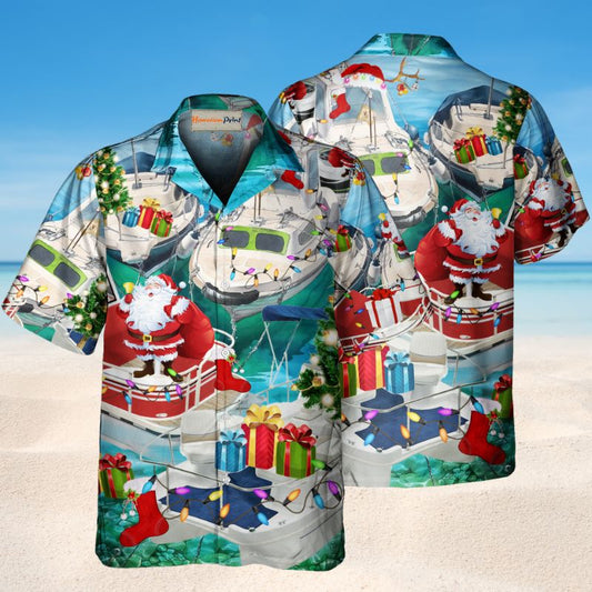 Santa'S Pontoon Coming Town Hawaiian Shirt For Tropical Holidays, Outdoor Gatherings, And Everyday Comfort
