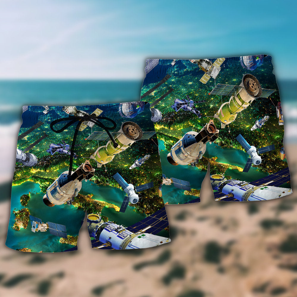 Satellite I Need More Space Green Hawaiian Print Beach Shorts For Coastal Trips And Outdoor Style