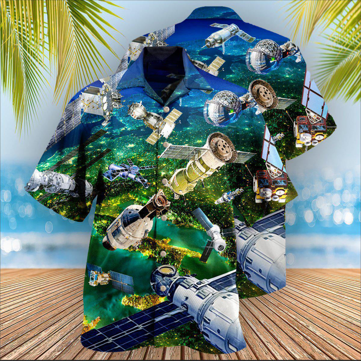 Satellite Space Hawaiian Shirt Design View For Casual Summer Styling