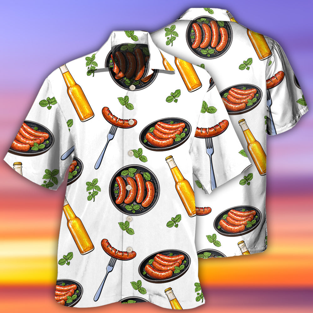 Food Sausage Beer BBQ Party Hawaiian Shirt For Summer Vacation, Beach Travel, And Casual Wear