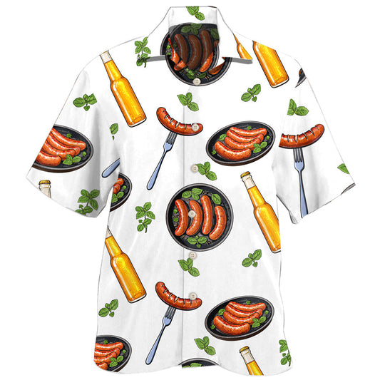 Food Sausage Beer BBQ Party Hawaiian Shirt For Summer Vacation, Beach Travel, And Casual Wear