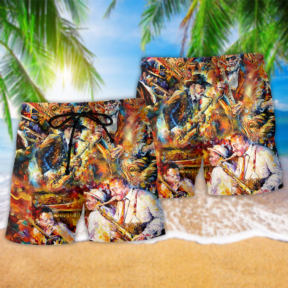 Saxophone Calm Beach Shorts Pattern Detail For Casual Outings And Easy Warm Weather Wear