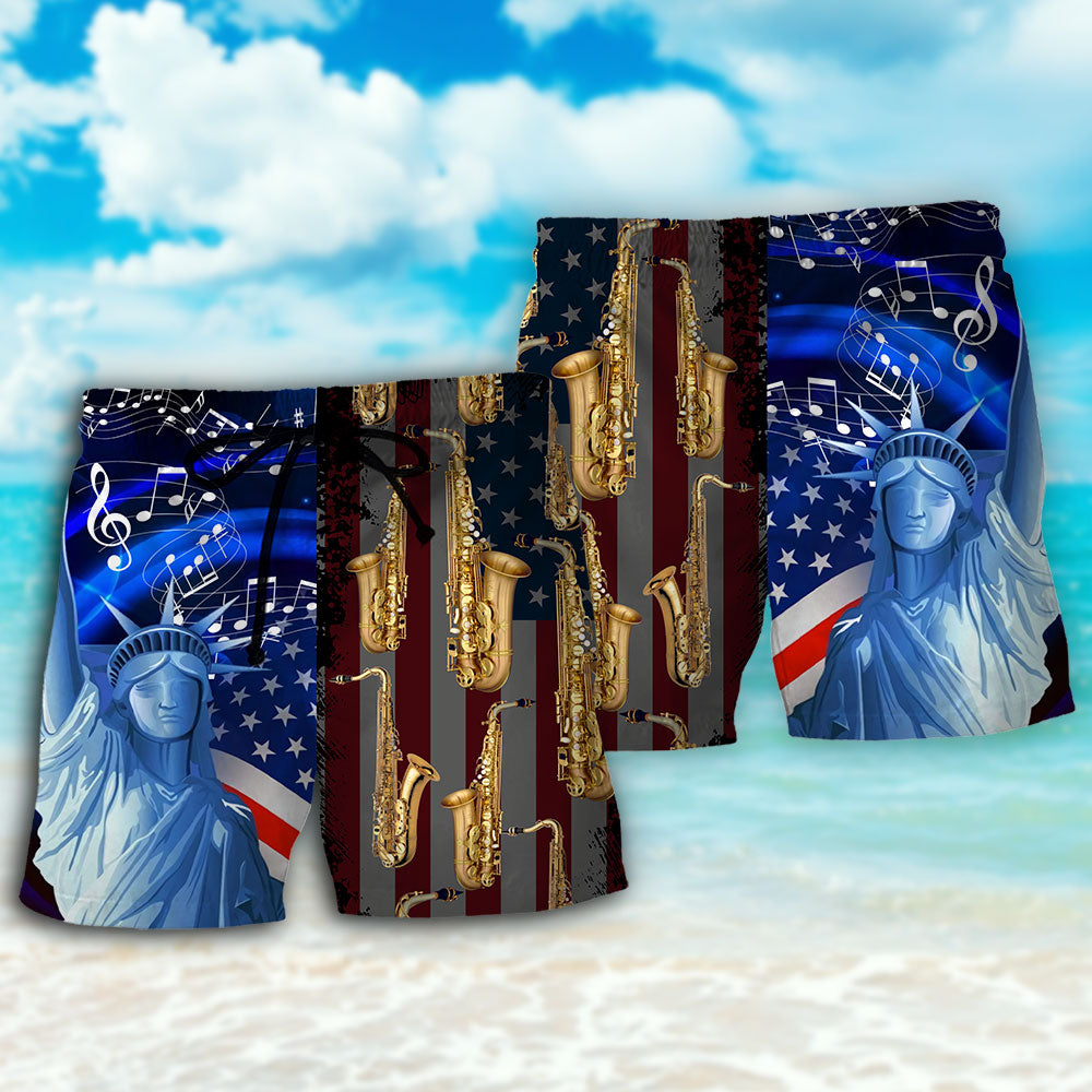 Saxophone US Flag Independence Day Beach Shorts Pattern View For Vacation Travel And Outdoor Fun