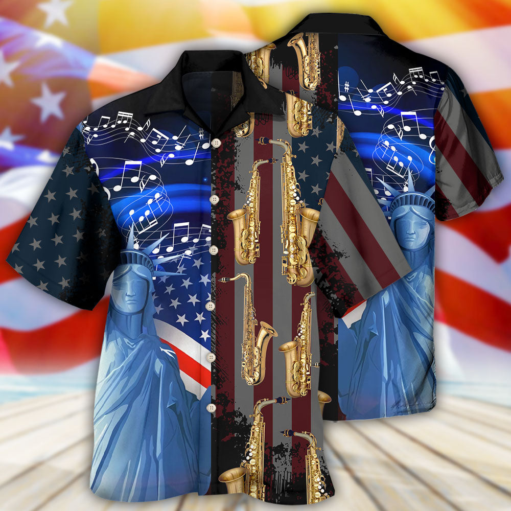 Saxophone Music USA Flag Independence Day Hawaiian Shirt Pattern View For Lightweight Everyday Style