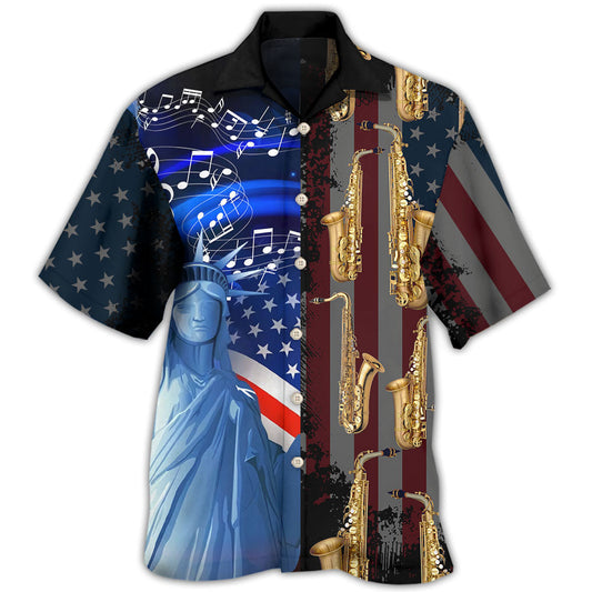Patriotic American Saxophone Music Hawaiian Shirt Summer Design Detail For Casual Outings