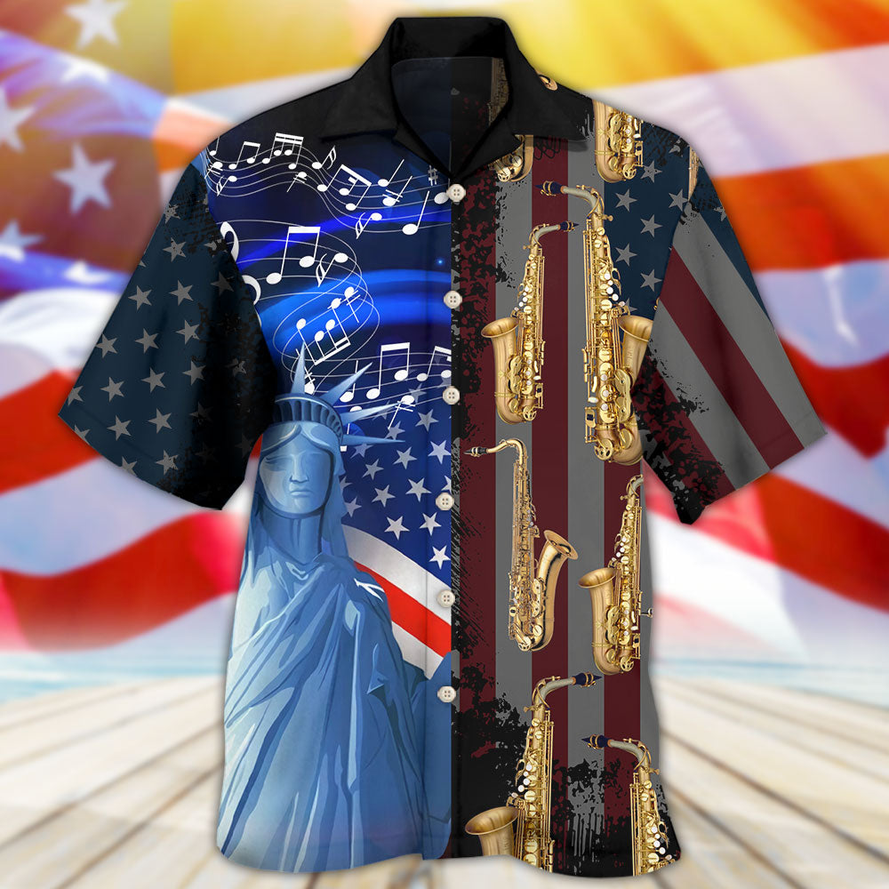 Patriotic American Saxophone Music Hawaiian Shirt Front Pattern View For Vacation Style