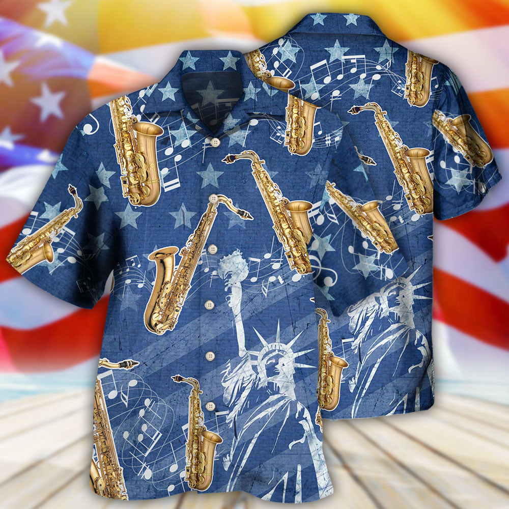 Patriotic Saxophone Music Independence Hawaiian Shirt For Summer Celebrations, Resort Days, And Relaxed Everyday Wear