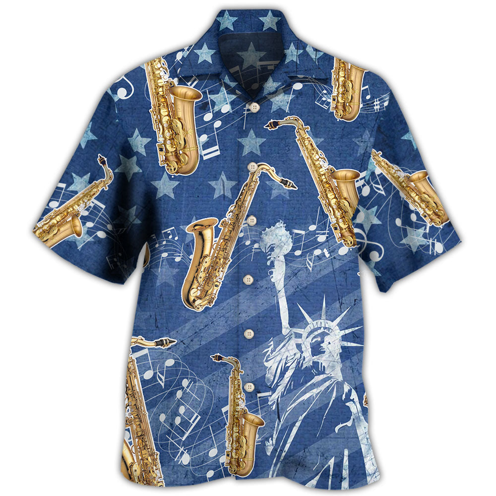 Patriotic Saxophone Music Independence Hawaiian Shirt For Summer Celebrations, Resort Days, And Relaxed Everyday Wear