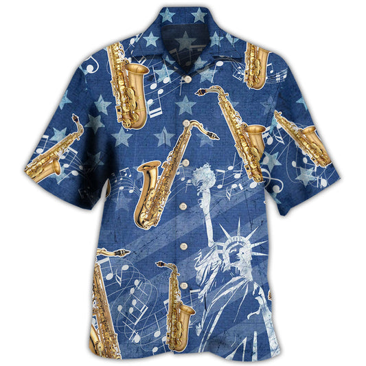 Patriotic Saxophone Music Independence Hawaiian Shirt For Summer Celebrations, Resort Days, And Relaxed Everyday Wear