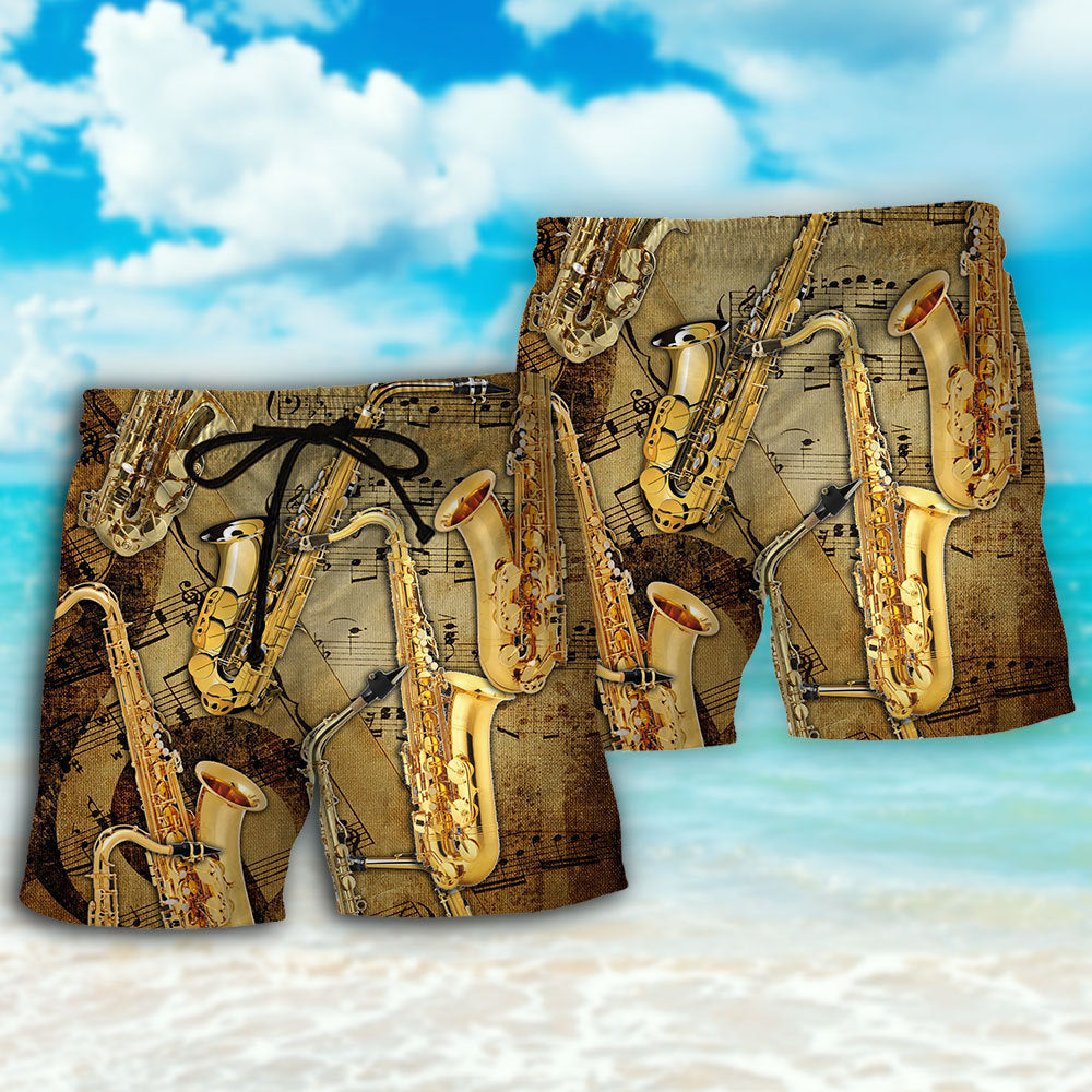 Retro Saxophone Music Beach Shorts Pattern Detail For Coastal Travel And Relaxed Casual Wear