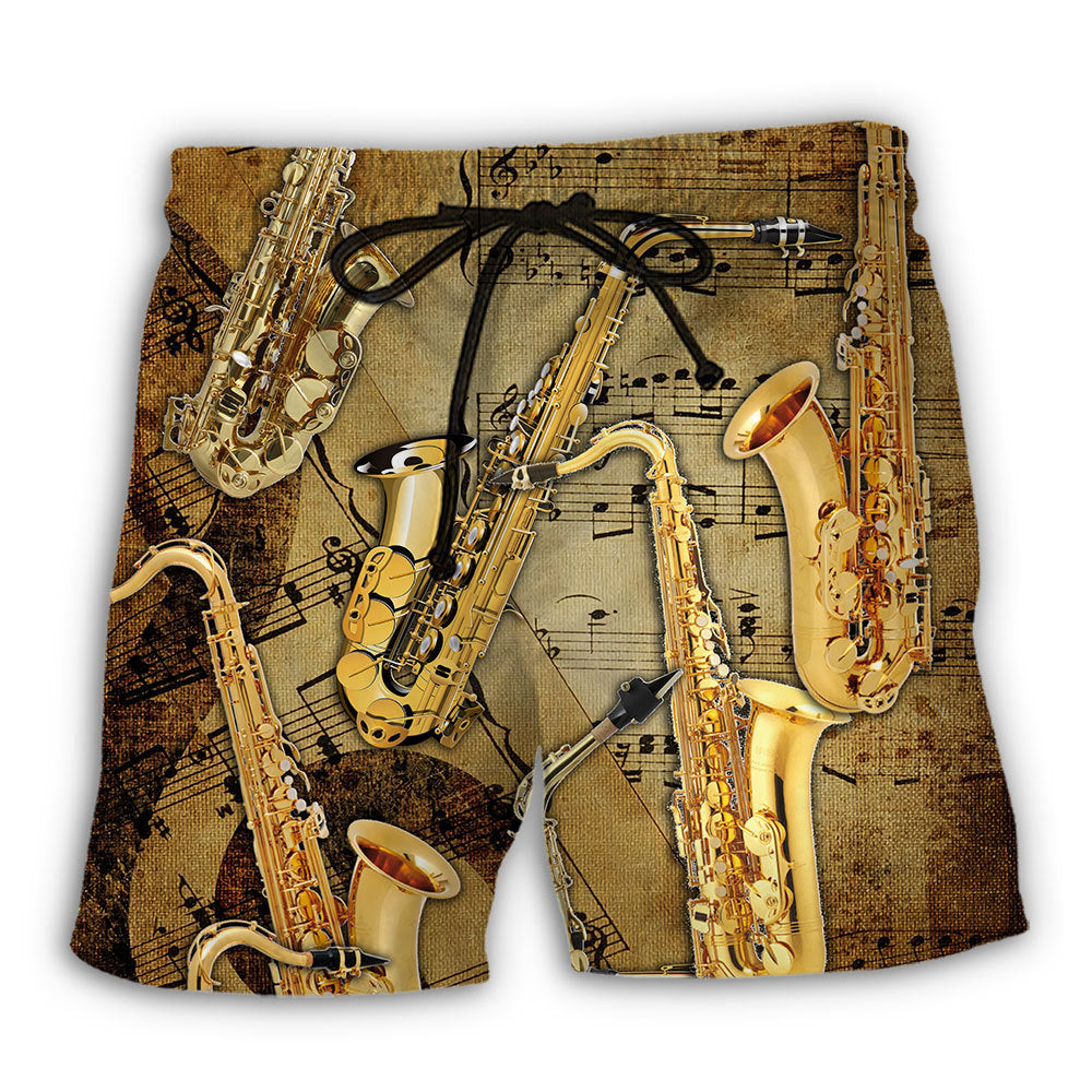 Retro Saxophone Music Notes Beach Shorts Pattern View For Relaxed Vacation Styling