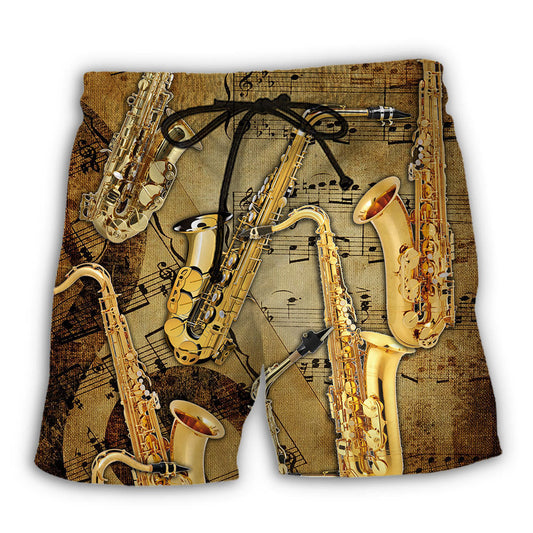 Retro Saxophone Music Notes Beach Shorts Pattern View For Relaxed Vacation Styling
