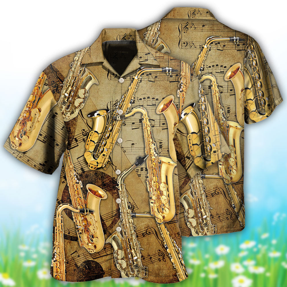 Retro Creative Saxophone Music Note Hawaiian Shirt For Resort Trips, Coastal Parties, And Warm Weather Style
