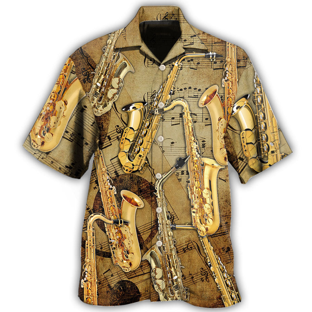 Retro Creative Saxophone Music Note Hawaiian Shirt For Resort Trips, Coastal Parties, And Warm Weather Style
