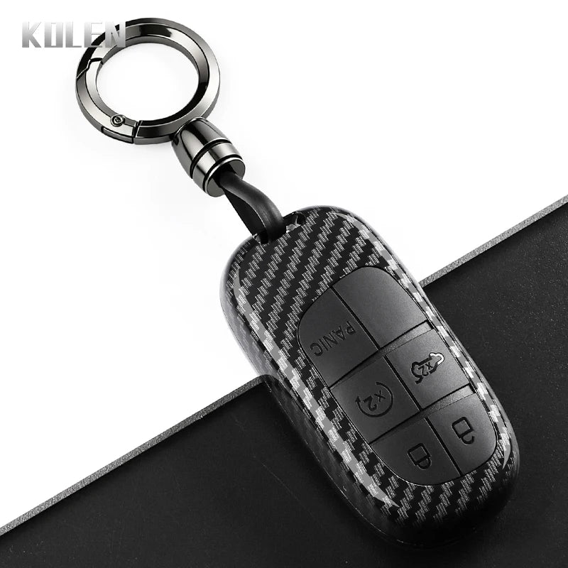 Car Key Cover Compatible with Jeep Renegade Grand Cherokee; Dodge Journey Charger; Chrysler 200 300 – Carbon Fiber Style