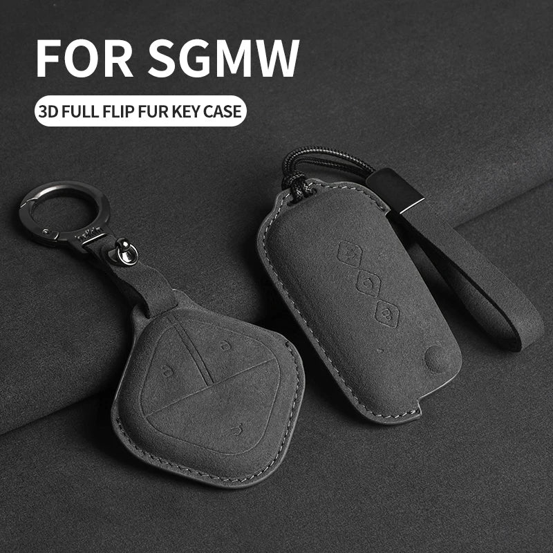 Suede Leather Car Key Fob Cover Compatible with SGMW Wuling Baojun Air, Yep, KiWi EV, E100, 630, 510, 730, 610, 530, 560, RS-5
