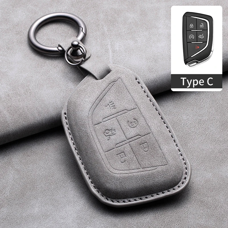 Leather Car Key Fob Cover Compatible with Cadillac CT4, CT5, ATS, CT6, CTS, DTS, XT5, Escalade ESV, SRX, STS, XTS, XT4, 28T, ELR