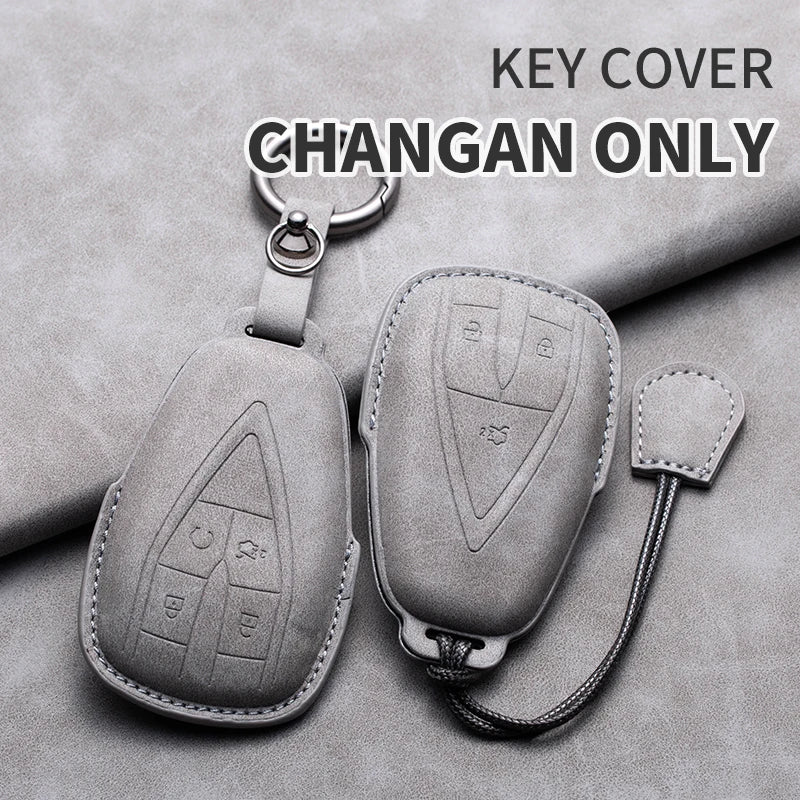 Leather Remote Key Fob Cover Compatible with Changan CS35 Plus, CS55 Plus, CS75 Plus, Eado, UNI-T, UNI K, Oushang X5, X7, EV