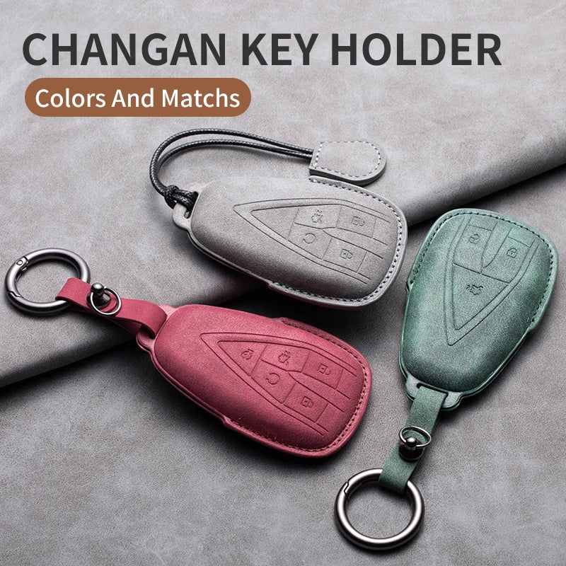 Leather Remote Key Fob Cover Compatible with Changan CS35 Plus, CS55 Plus, CS75 Plus, Eado, UNI-T, UNI K, Oushang X5, X7, EV