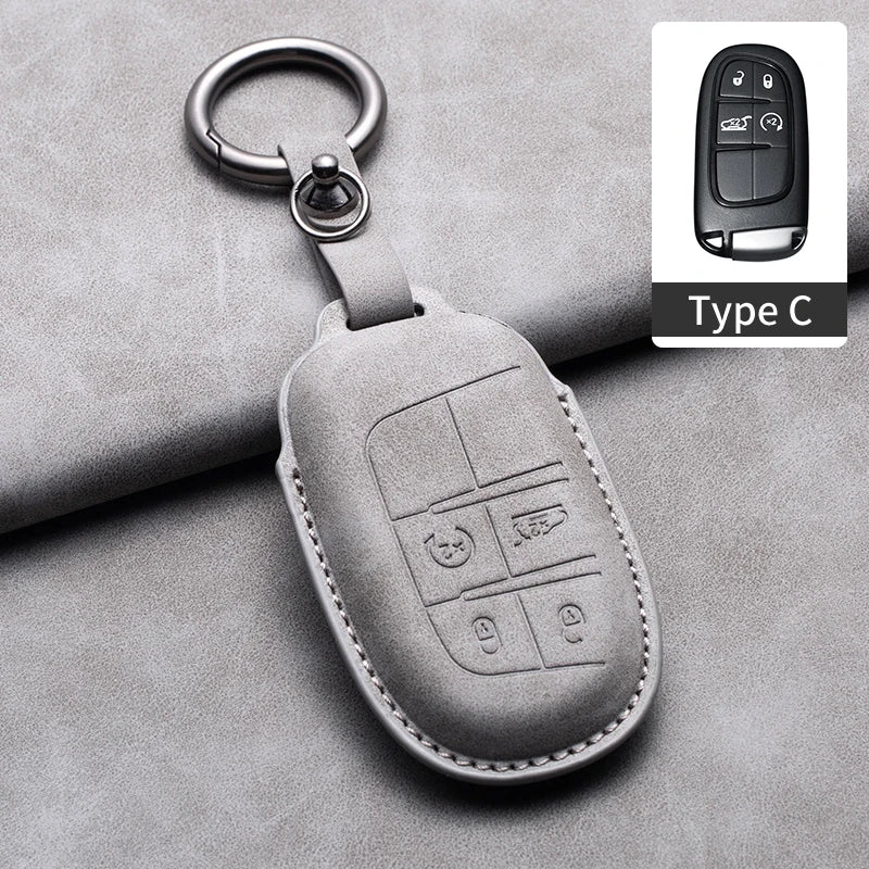 Leather Car Key Fob Cover Compatible with Jeep Renegade, Compass, Grand Cherokee, Wrangler; Chrysler 300C
